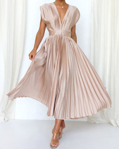 💃Élégance intemporelle : robe jupe plissée drapée à col en V