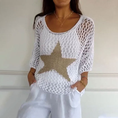 50% de réduction🔥Haut en résille tricoté au crochet à col rond pour femmes