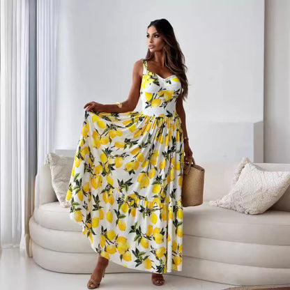 🍋Robe longue fluide à bretelles spaghetti et imprimé citron pour femmes