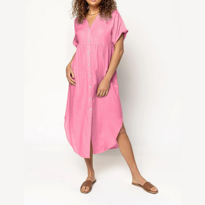 Robe chemise boutonnée décontractée à manches retroussées pour femme