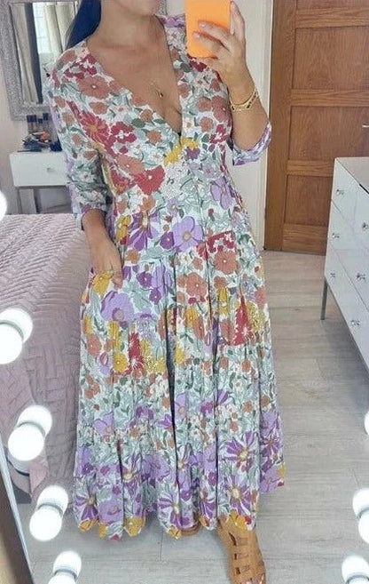 🔥Offre spéciale💃Robe longue à ourlet à volants et imprimé floral