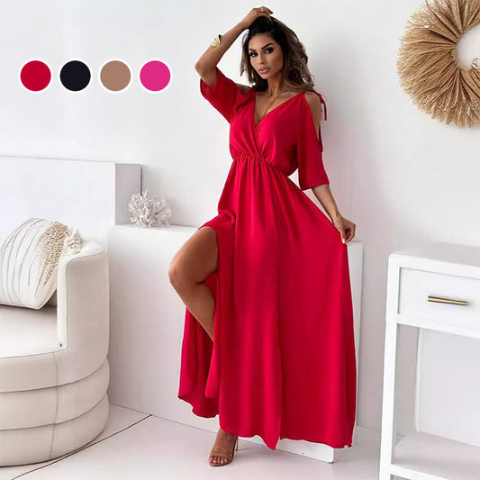 Robe sexy élégante à col en V et fente latérale pour femme