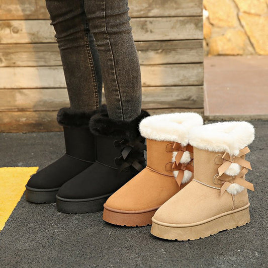 Bottes de Neige Classiques à Doublure en Peluche avec Nœud et Plateforme pour Femmes