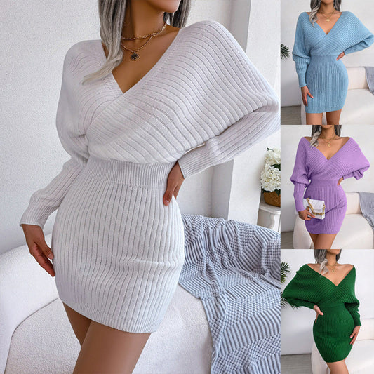 🎅Soldes de Noël - 50 % de réduction🎄Mini-robe sexy en tricot à manches longues chauve-souris