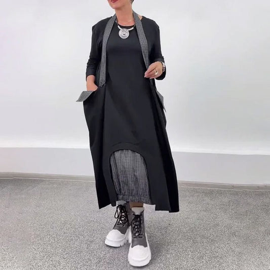 Robe patchwork décontractée à col rond et coupe ample pour femme